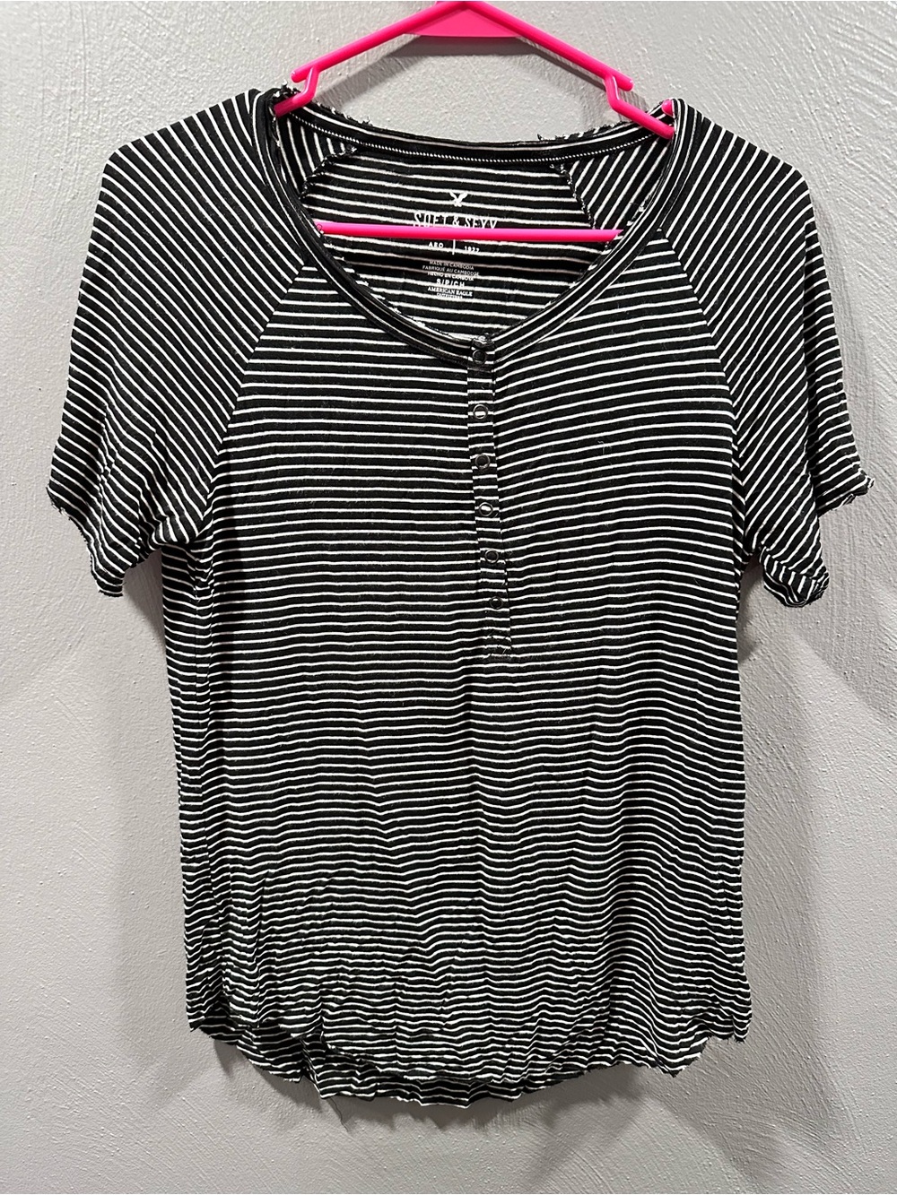 American Eagle Outfitters Black and White Striped Henley Tee
